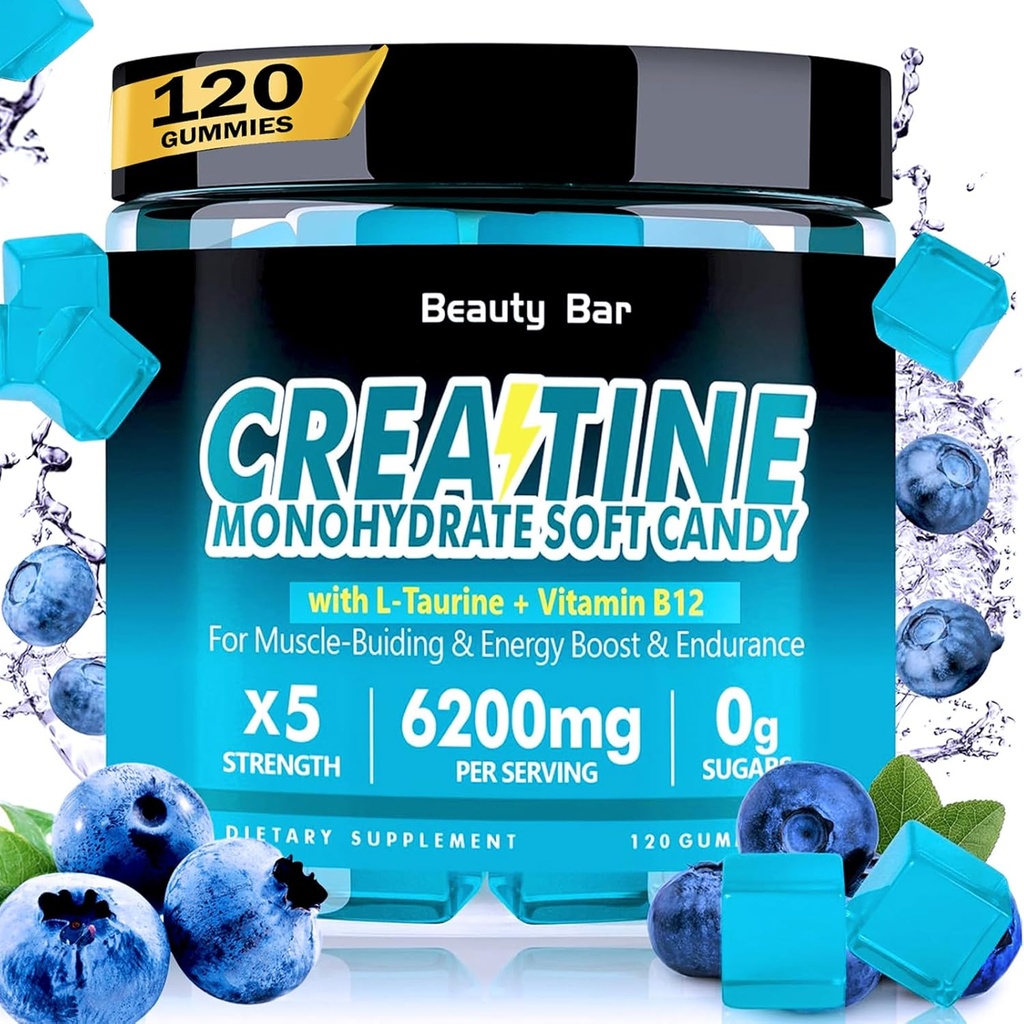 Creatine Monohidrat Gummies,6200 mg pentru bărbați și femei, Creatură masticabilă pentru creștere musculară îmbunătățită, Putere, și recuperare, Sugar Free Pre-Workout Supliment,120 Conte, Aroma de afine