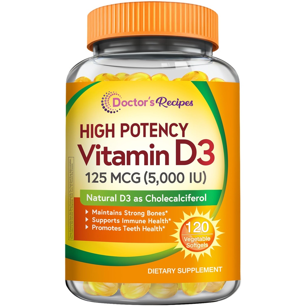 Retete de doctor Vitamina D3 5000UI, Suport Imun pentru Oase, Dinti, si Functia Imuna, Non-GMO, Nu Gelatină, Gluten sau Soy, 120 Softgels vegetarian