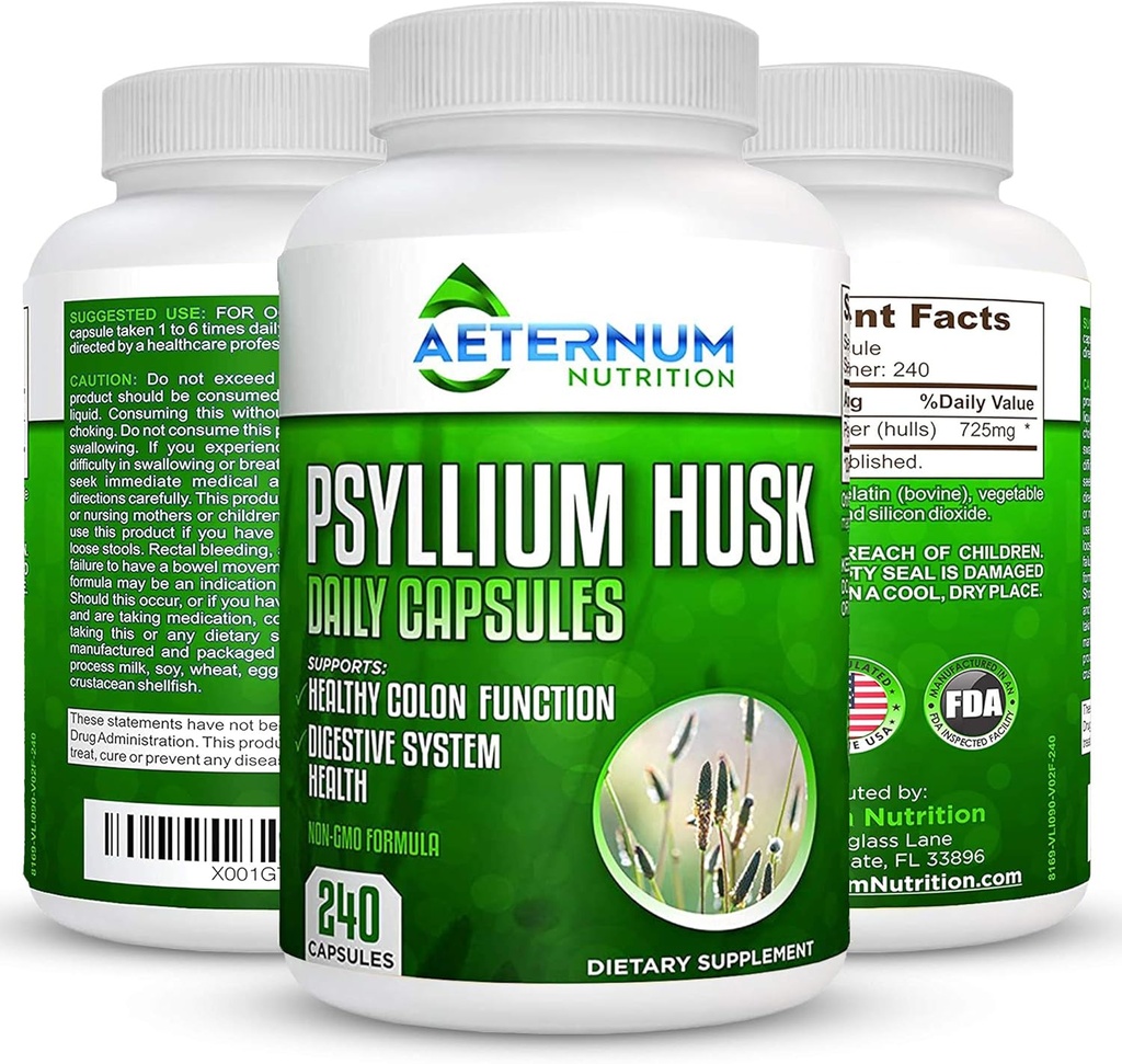 Aeternum Psyllium Husk Caps USA Made - Premium All Natural Fiber Supplement - 240 Husk Powder Capsule 725 Mg per Serving, Suporturi Sistem Digestiv Sanatos - Toate naturale 100% Soluble