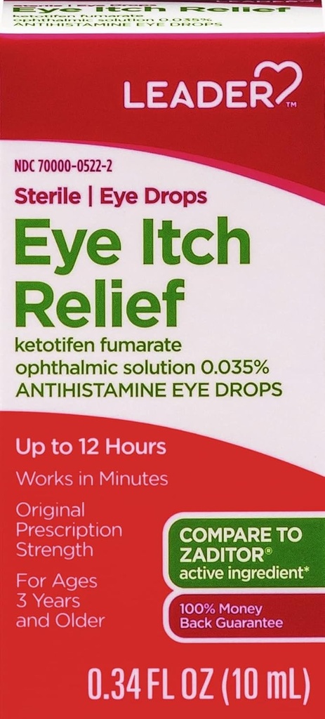 LEADER picături de ochi sterili pentru alergie oculară & Itch Relief, soluţie de antihistaminică Ketotifen 0,035%, acţionează în minute, până la 12 ore, concentraţie de prescripţie 0,34 oz