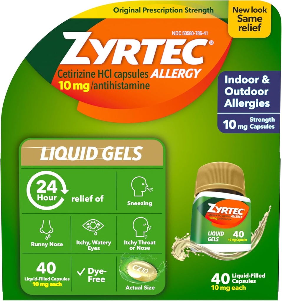 Zyrtec 24 ore Alergie Relief Geluri lichide, Antihistaminice Capsule cu Cetirizină HCl Alergie Medicină pentru Relief All-Day de la Runny Nose, Stranezing, Itchy Eyes & More, 40 Conte