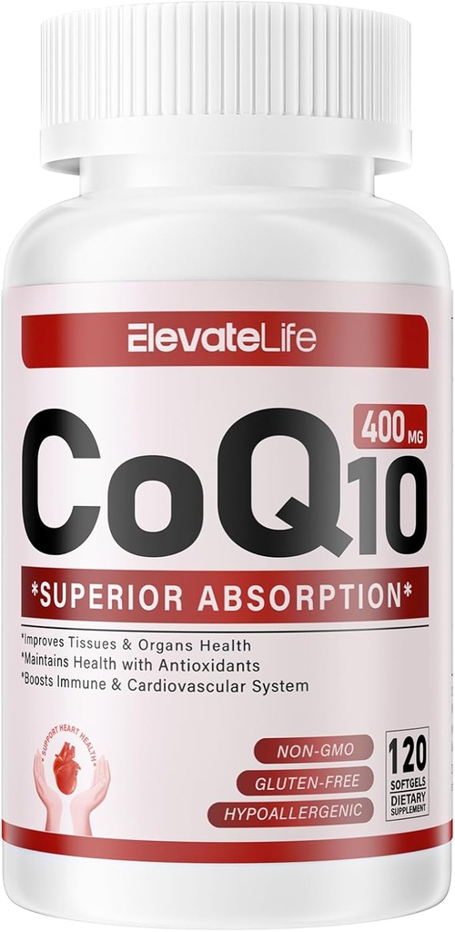 CoQ10-400mg-Softgels cu PQQ, BioPerine & Omega-3, Coenzima Q10 (Ubichinonă) Supliment pentru absorbție ridicată, puternic-Antioxidant, suport inima și energie-Producție, 120 Servings