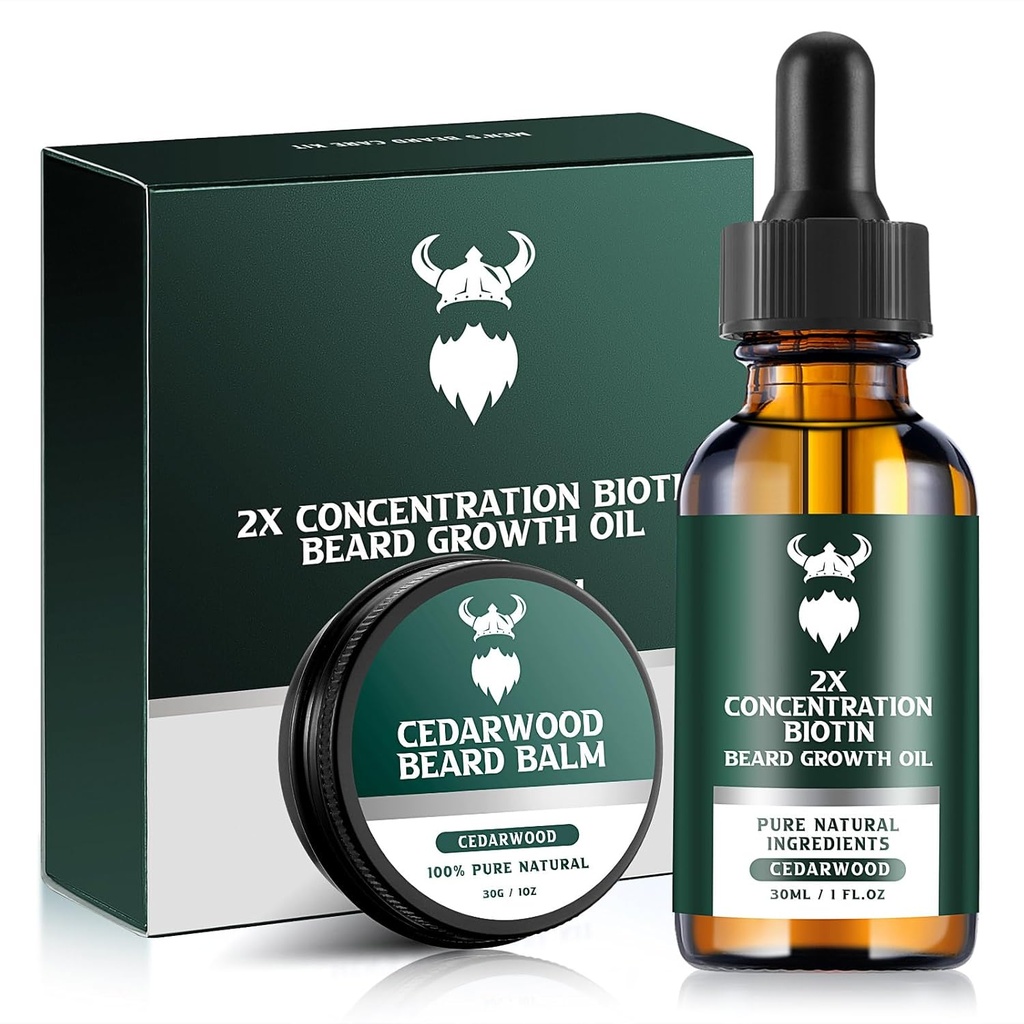 Kit de crestere barbă - 2X Biotina concentrație pentru bărbați, Argan natural, uleiuri și vitamine Jojoba (Cedarwood)