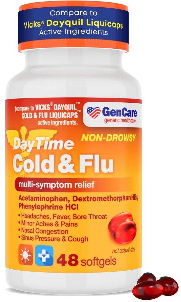 GenCare - Multi Symptom Non Drowsy Daytime Rece & Flu Relief Acetaminofen 325mg, Dextrometorfan HBR 10mg, Fenilefrină HCl 5mg (48 Softgels) Durere non-obicei de formare Relieiver & Nasal Decongestionant