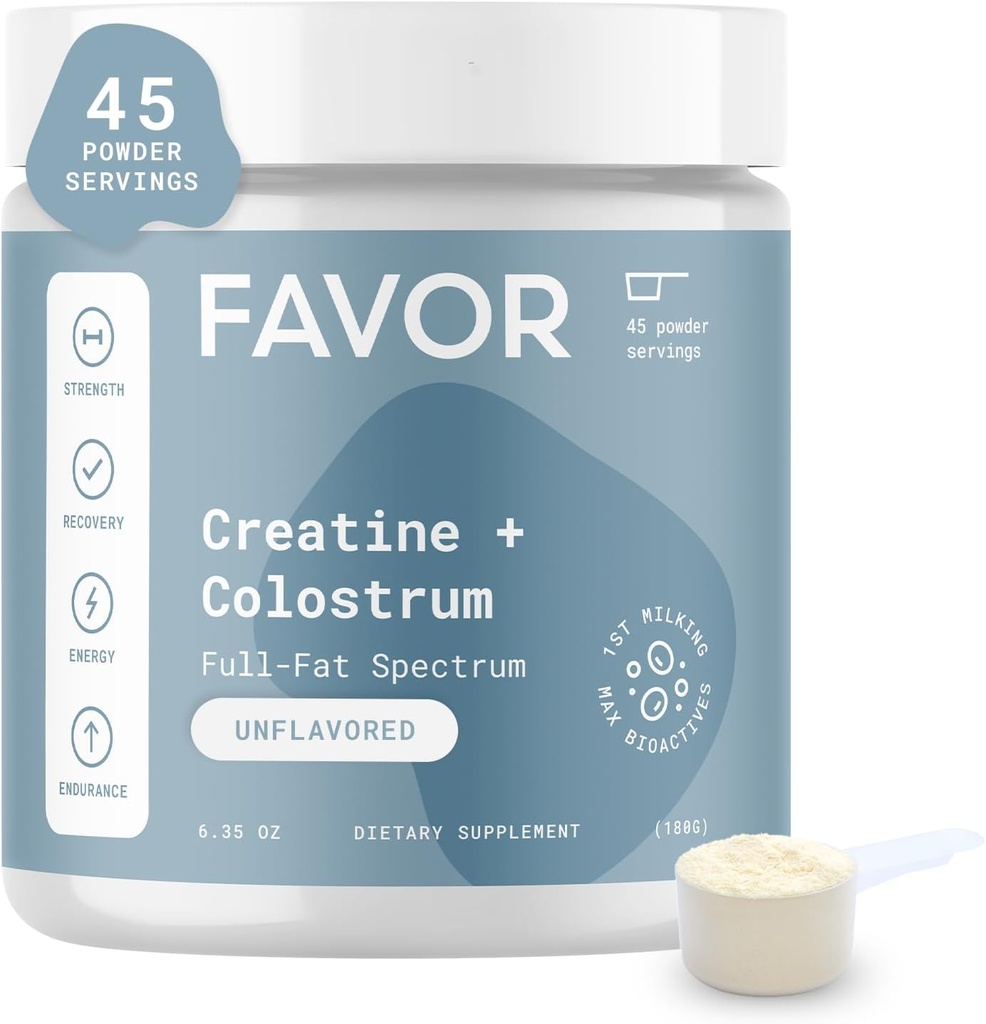 Favor Creatina si praful de colostru bovin - Creatin Monohidrat Colostrum Supliment, Imunoglobulina mare IgG, Putere, Recuperare musculara si sanatate guta pentru barbati si femei, 45 Serviri, Nearomat