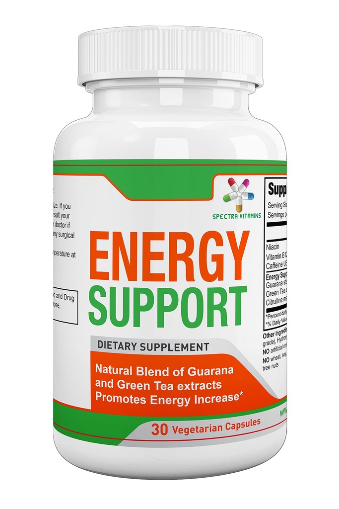 Spectra Vitamine Natural Energy Support 30 Capsule - Capsule de Guarana - Vitamina B12 - Guarana si extractii de ceai verde - Suplimente de energie citrulina cu booster de energie naturala