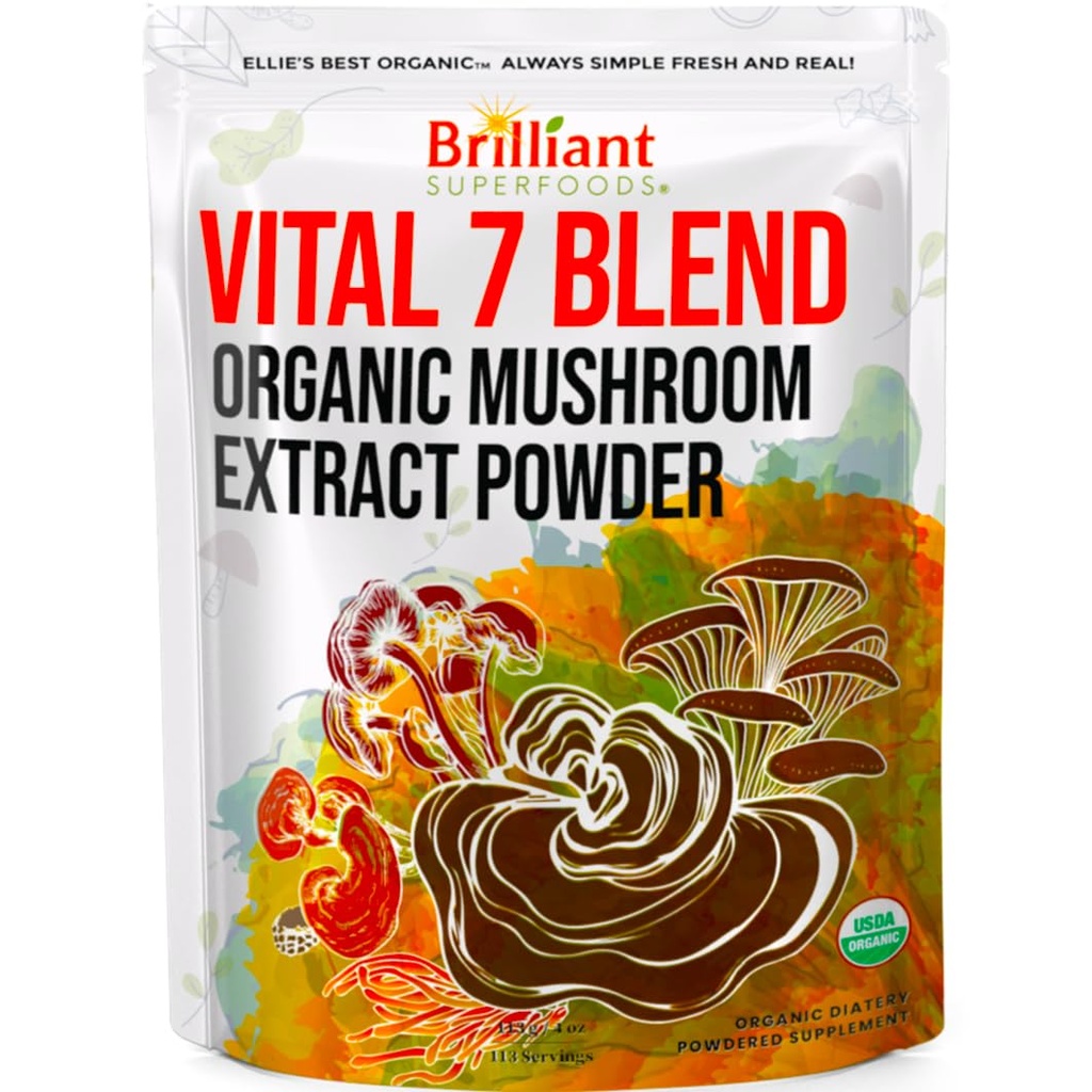 Cel mai bun 7 extract de praf de ciuperci Ellie Blend Supliment organic 114 Serviri mare potenta dublu extras Cordyceps, Reishi, Turcia coada, Chaga, Lion coama - 4oz