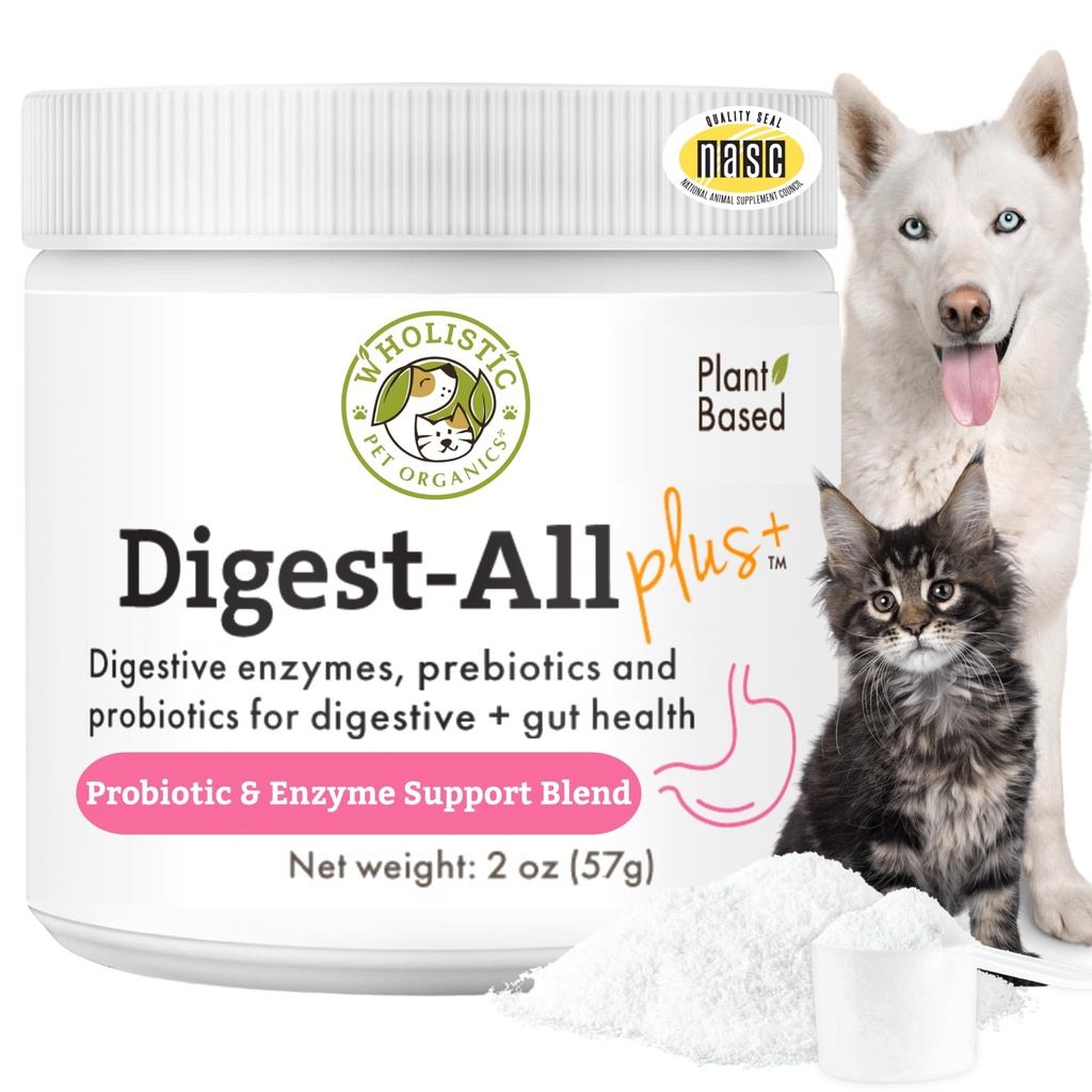 Wholistic Pet Organics Probiotice pentru câini cu enzime digestive & Prebiotic Fiber - 2 Oz - Probiotice de zi cu zi Cat & Dog pentru sanatate digestiva, Anti Diaree si Suport Gut - Suplimentul de pulbere naturale