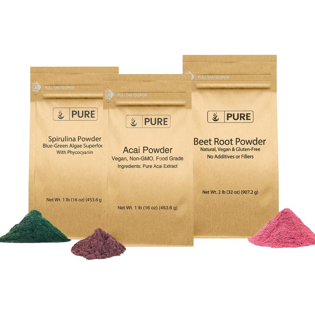 INGREDIENTE ORIGINALE PURE Rădăcină de sfeclă, Spirulina, și Acai Powder Bundle, Dimensiuni diverse, Non OMG-uri, Suplimente vegetale