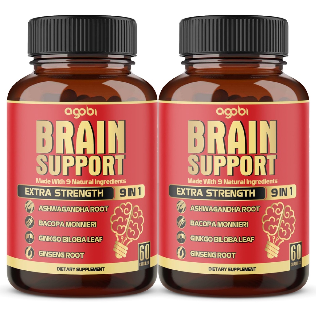 agobi 9in1 Brain Supplement - 2 Packs 60 Counts Blended Ashwagandha, Panax Ginseng, Gotu Kola, Ginkgo, Black Pepper & More - Precizie, Focus, Memory & Energy Production Support