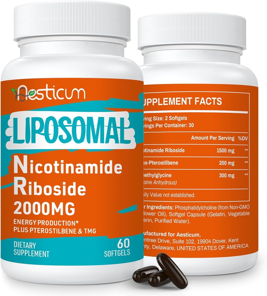 2000 MG Liposomal Nicotinamidă Ribozidă Supliment cu TMG & Pterostilben, Biodisponibilitatea ridicată NAD+ Supliment de stimulare, Superior Niacinamida pentru energie, Imunitate, Rezistenţă la vârstă, 120 Softgels