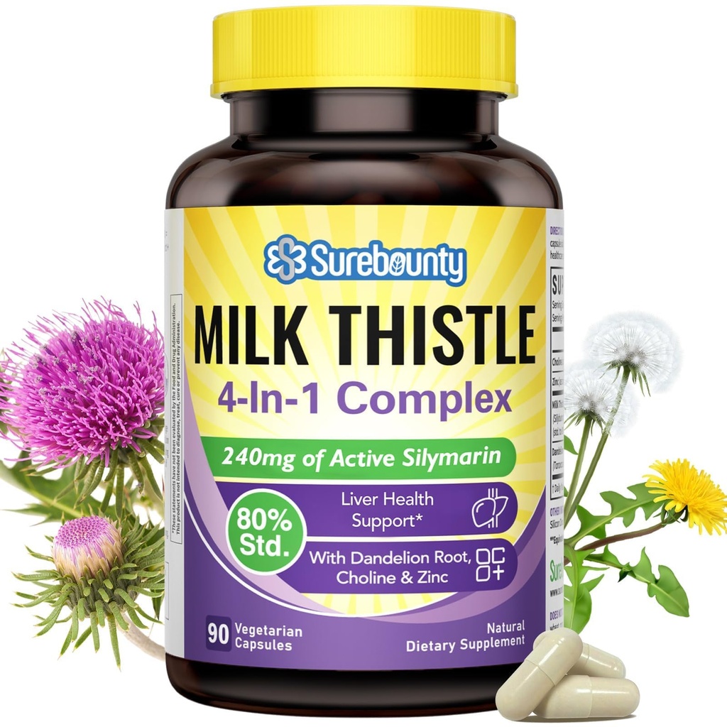 4-in-1 Milk Thistle Complex pentru bărbaţi şi femei, Milk Thistle Extract cu 240mg de Active Silymarin, 80% Std, cu Dandelion, Choline, Zinc, Ficat Detoxifiere & Reparaţii, Non-GMO, Once Daily, 90 Veggie Caps