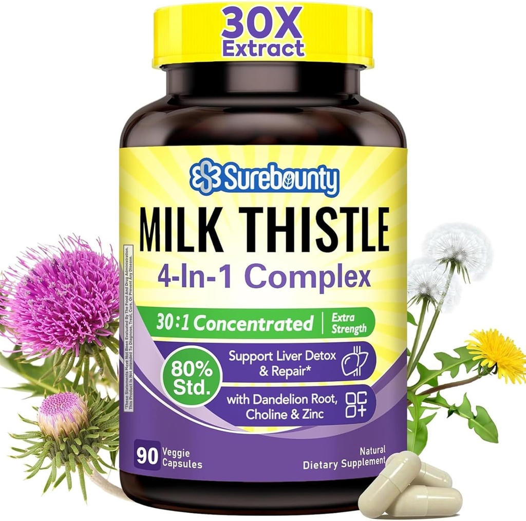 4-in-1 Milk Thistle Complex, 9000 mg Putere, 30X concentrat extract de semințe, cu Dandelion, Choline, Zinc, Fatty Suplimente de ficat, suport hepatic, Non-GMO, 90 Veggie Caps, 3 luni de aprovizionare
