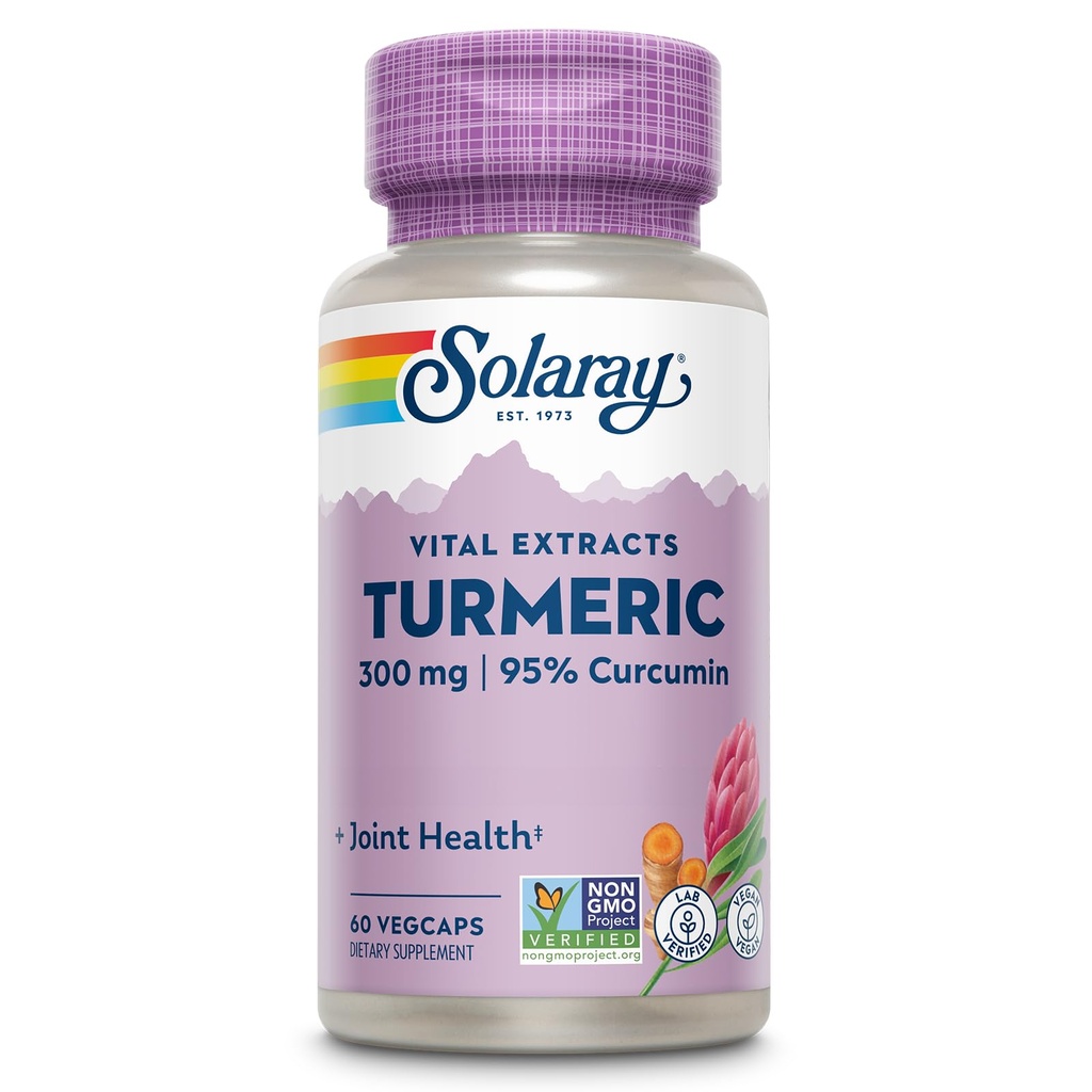 Suplimentul Turmeric SOLARAY 300 mg - extract de rădăcină turmerică cu 95% Curcumin - Supliment comun de sprijin pentru sănătate și confort comun - non-GMO, Vegan, Gluten gratuit, 60 zile de garanție, 60 de serviri