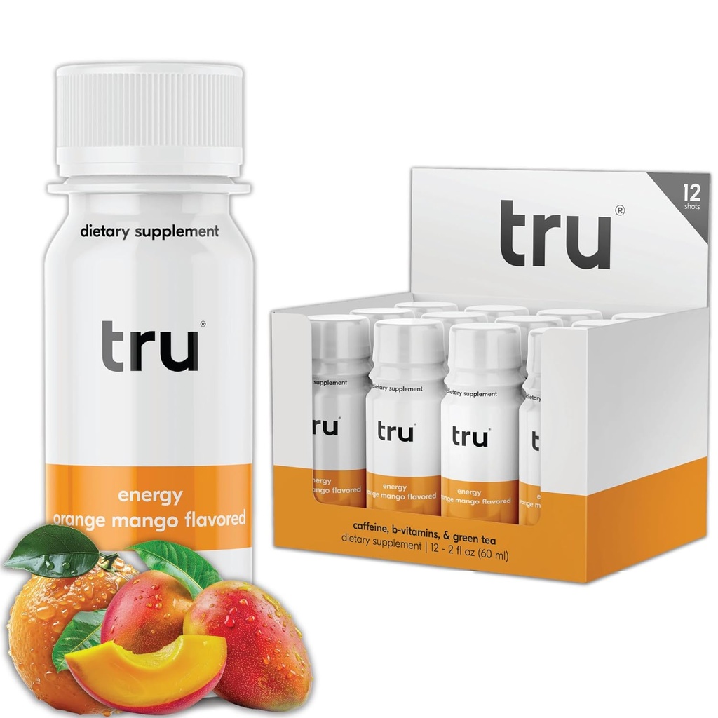 Tru Energy Shot, Extra Power Energy Drink with Natural Caffeine, Green Tea, B Vitamins B3, B6 & Vitamin B12, Zero Sugar & Calories, Keto, Vegan, Gluten Free, Orange Mango, 2 FL OZ Sticle, 12 Pack