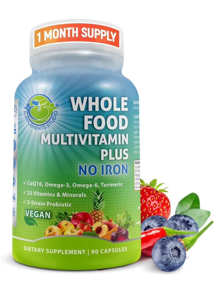 Vegan Whole Food Multivitamine Daily Without Iron, Methylated Multivitamine for Women and Men, Made with Fruits & Legume, B-Complex, Probiotics, Enzymes, CoQ10, Omegas, Turmeric, Non-GMO, 90 Count