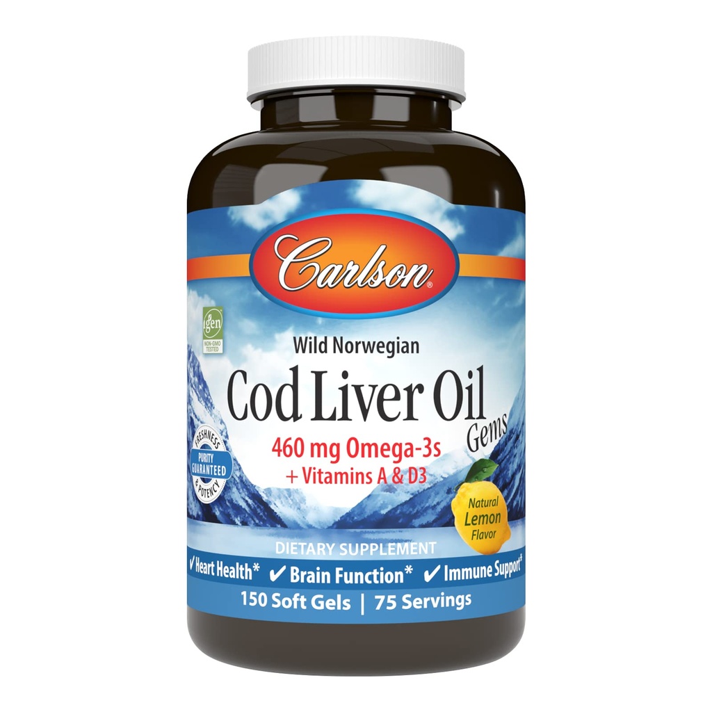 Carlson - Cod Oil Oil Gems, 460 mg Omega-3s, Plus Vitaminele A şi D3, Wild Caught Norvegian Cod Arctic Oil de ficat, Susţinând capsule nordice de ulei de peşte, Lemon, 150 Softgels