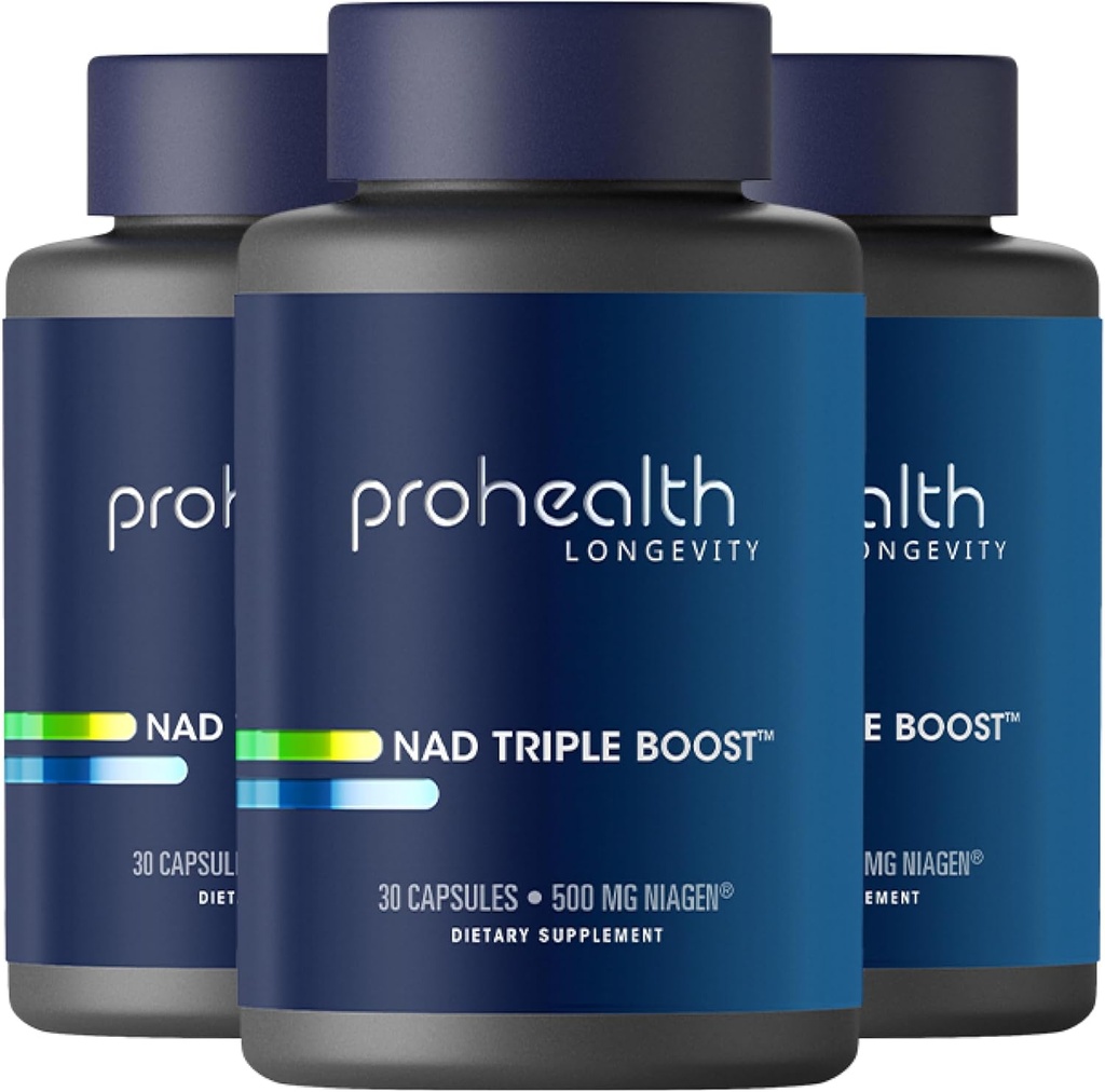 ProHealth NAD Triple Boost. 3X NAD+ Optimizer. Medic Formulat, Supliment suplimentar de putere, include 500 mg Niagen Nicotinamidă Ribozidă NR (Ingredientul activ în NMN) 30 Serviri (3 ambalaj)