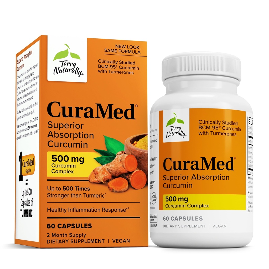 Terry Natural CuraMed 500mg - Supliment antioxidant pentru Brain & Immune Health Supplement with Curcumin & Turmeric Essential Oil - Herbal Liver Support - 60 Softgels