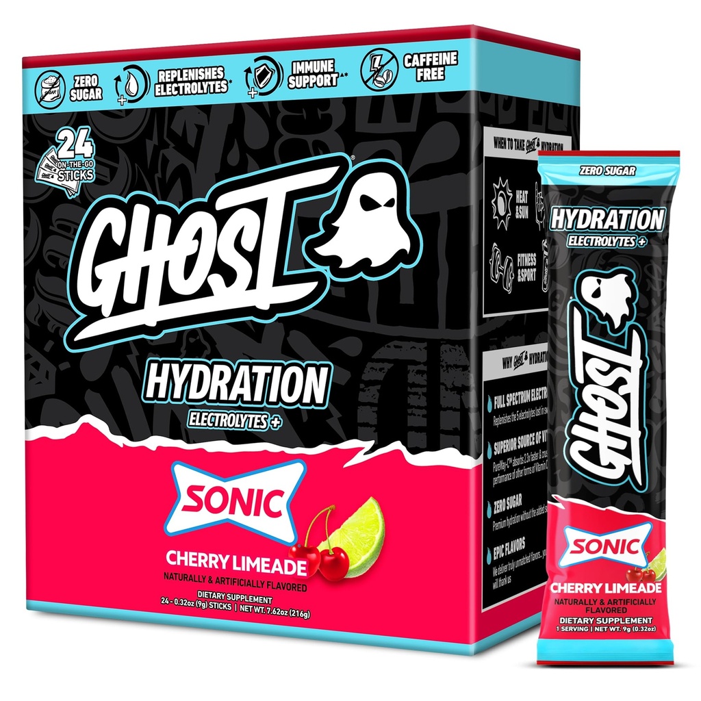 Pachete de hidratare GHOST, Limeadă Sonic Cherry, 24 Sticks, Pulbere Electrolit - Băutura Mix Supliment cu magneziu, potasiu, calciu, vitamina C - Vegan prietenos, fără soia, zahăr & Gluten
