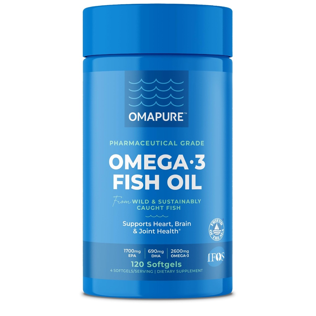 OMAMPURE Suplimente de ulei de pește cu Omega 3 Acidi grași (1 flacon, 120 Softgels) - EPA ridicat, DHA, & IFOS Pastile de ulei de pește suport inima și sănătatea comună - ulei de pește fără burple promovează funcția creierului