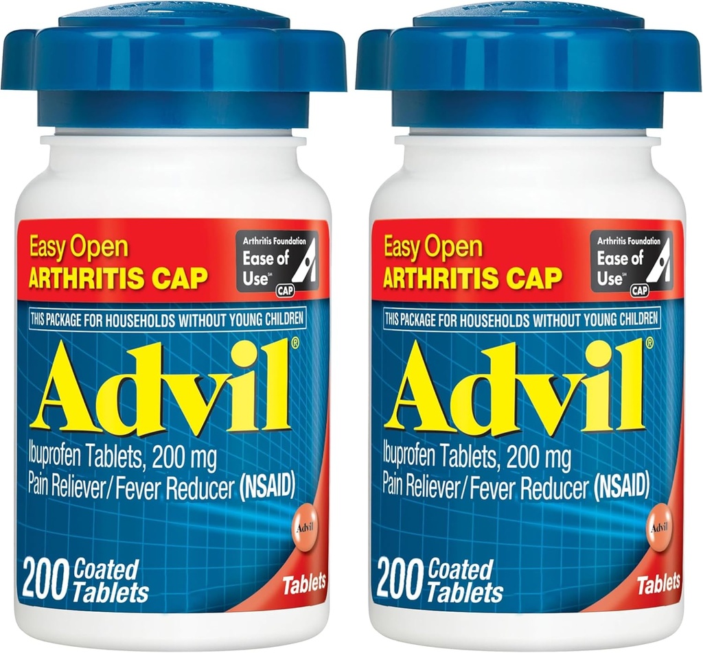 Advil Pain Reliever și Reductor Febră, Durere de relief Medicina cu Ibuprofen 200 mg pentru dureri articulare, dureri musculare și dureri de artrită minore - 200 comprimate filmate cu capac de artrită ușor deschisă