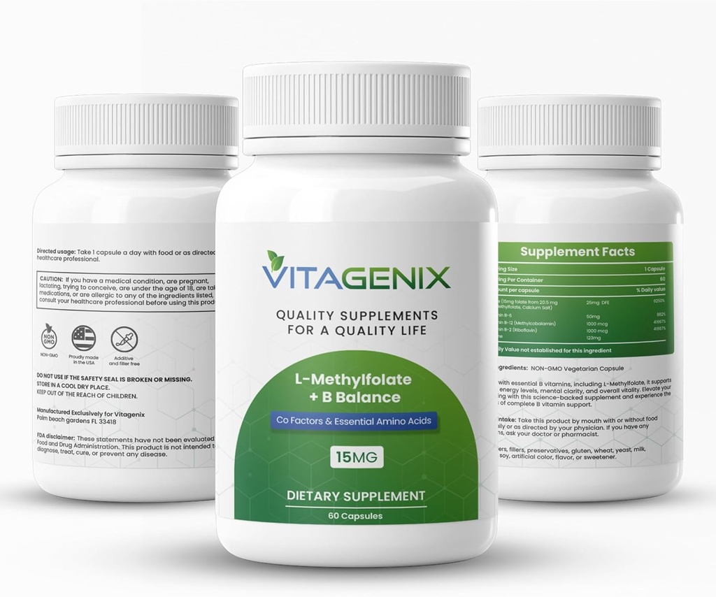 L-Metilfolat + B Balanţa - Formulă bioactivă de rezistenţă profesională 5-MTHF + B6, B2 & B12 Complex metilcobalamină B - Suportă Mood, Methylation & Cognition - 15mg - 60 Capsule