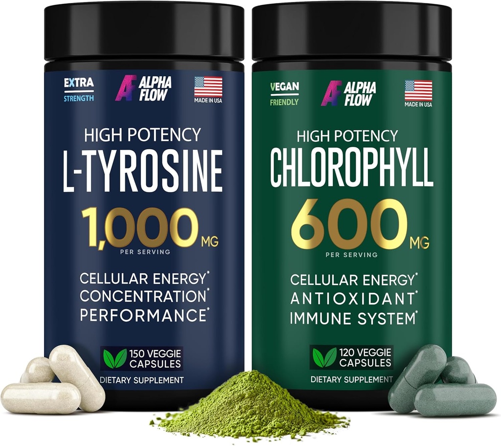 (Bundle) Clorofila & L Capsulele Tyrosine - Energie Naturală, Imunitate și Supliment Focus - 600 mg Clorofilă pentru Prospețime + 1000 mg L-Tyrosine pentru Focus și Claritate Mintală - Made in the USA