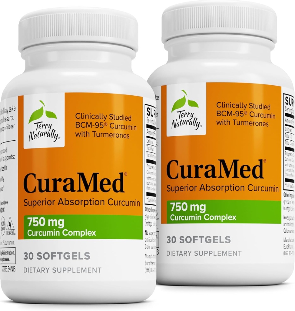 Terry Natural Curamed 750mg - Supliment antioxidant pentru sanatatea creierului si a inimii - Supliment cu Complex Curcumin de mare capacitate - Rinichi, Liver & Immune Health Support - 30 Softgels (Pachet de 2)