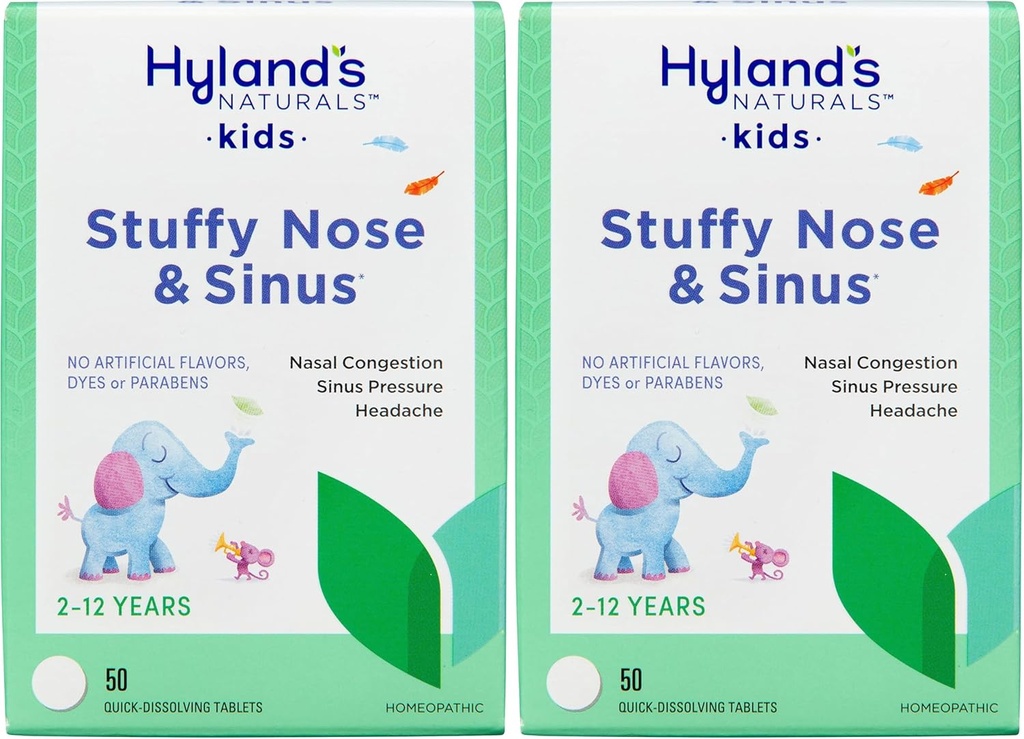 Hyland Naturals Kids Stuffy Nas și Sinus Tablete, Rece și Alergie Medicina pentru copii Vârsta 2 și în sus, Ajutor de cap și decongestant nazale, comprimate de dissolvire rapidă, 50 Conte (Pachet de 2)