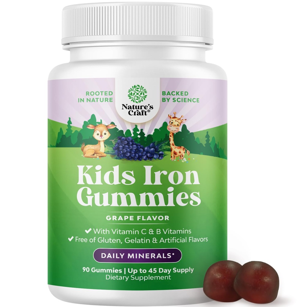 Copii Gumiile de fier - Suplimente de fier constructor de sange pentru copii cu blând pentru imunitate mai puternică & energie - Vitamina B12, Folate & Vitamina C Gummies - OMG Vegan & Gluten gratuit pentru copii mici - 90 Conte