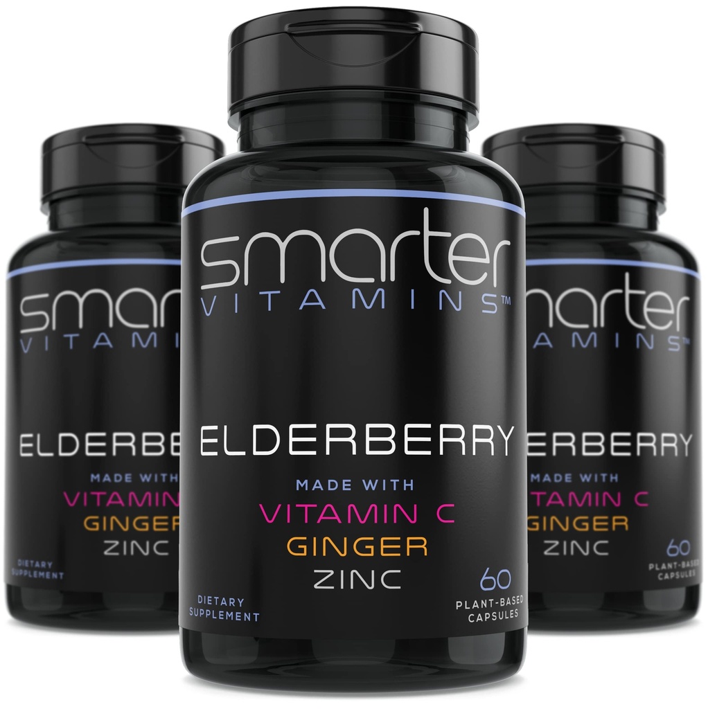 (3 Pack) Capsule mai inteligente de elderberry + vitamina C + Ginger & Zinc, Suplimentul plantei, puternic Black Elder Berry extract de antioxidant Vitamina, 180 Vegan pastile