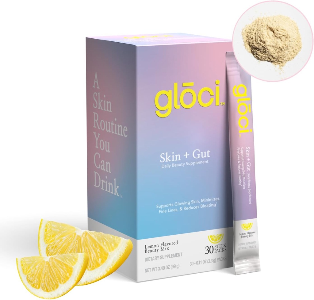 Gloci Skin + Gut - Probiotic DE111 - Acid hialuronic, magneziu, vitamina C, zinc, nucă de cocos pulbere de apă - Studiat clinic Probiotic pentru piele radiantă, sanatate, hidratare - 30 Conte