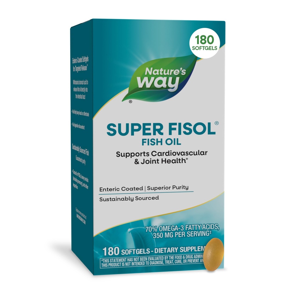 Natura's Way Super Fisol Fish Oil, Enteric Coated, Supports Cardiovascal and Joint Health*, Mega Potency Omega-3s, 180 Softgels (Packaging May Vary)