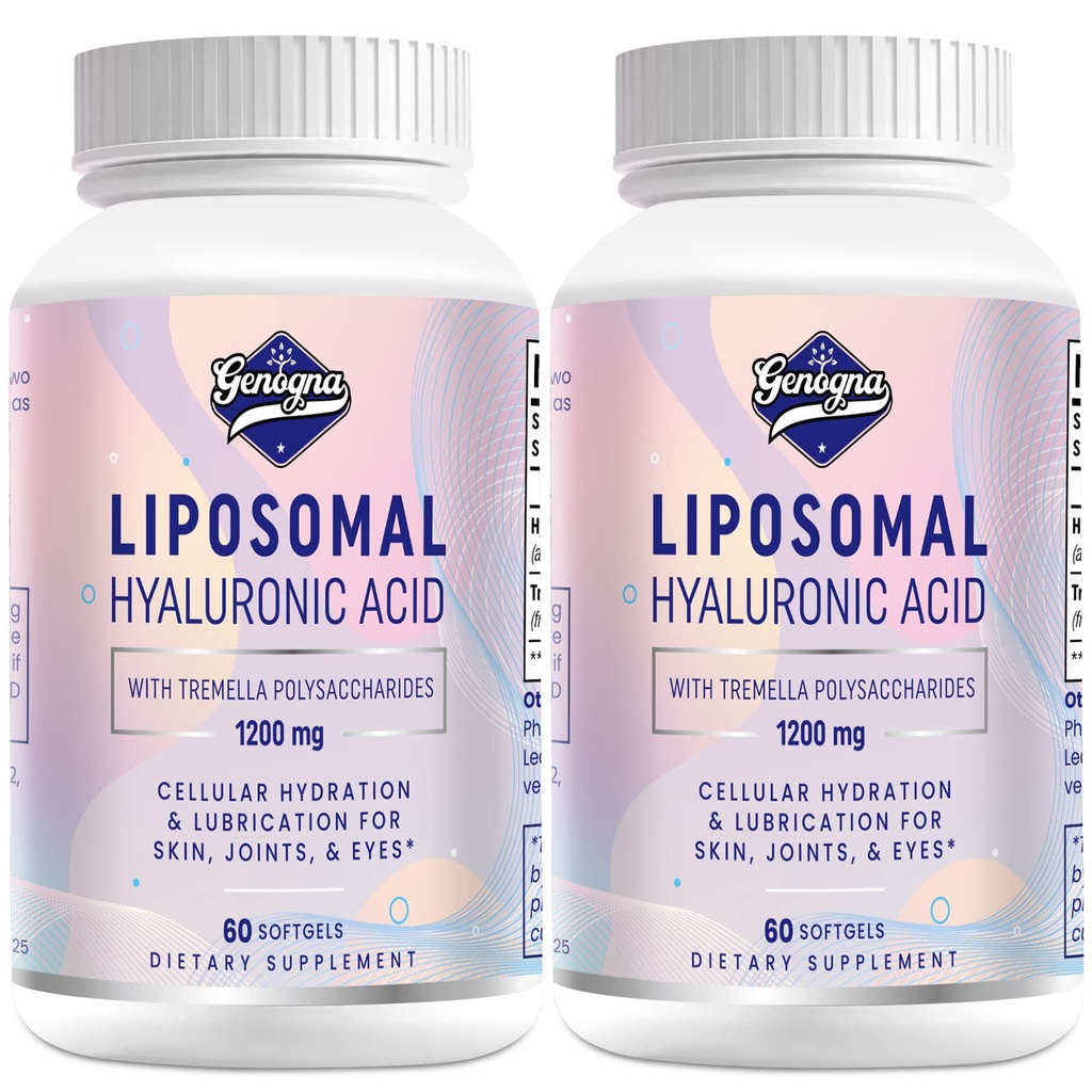 Liposomal Acid hialuronic Suplimente 1000mg-Biodisponibil capsule cu acid hialuronic dietetic-cu 200 mg Tremella Polizaharide pentru hidratare dublă a pielii,Lubricare comună,2 ambalaj