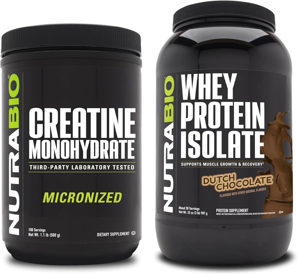 NutraBio Creatina Monohidrat, Nearomate, 500g și Whey Proteine Izolat, Ciocolata olandeză, Supliment Bundle - Energie musculară, Lean musculare creștere, recuperare și putere