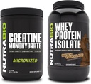 NutraBio Creatina Monohidrat, Nearomate, 500g și Whey Proteine Izolat, Ciocolata olandeză, Supliment Bundle - Energie musculară, Lean musculare creștere, recuperare și putere