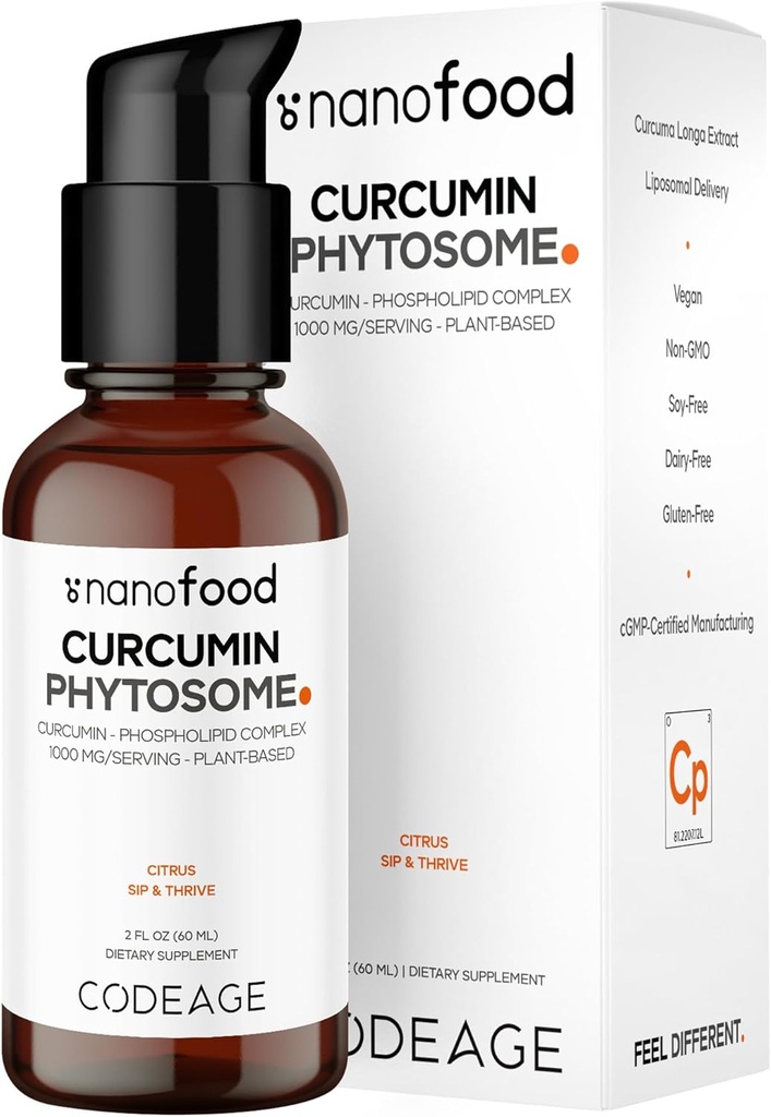 Codeage Curcumin lipozomal supliment lichid fitozom, Curcumin Curcumin Vegan picături lichide, plante-based Curcuma Longa picurător, Curcumina, Floarea-soarelui Fosfolipid, Zahăr-Free, Citrus Flavor, 2 fl oz
