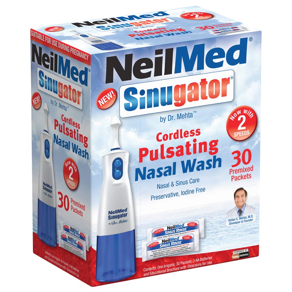 NeilMed Sinugator Pulsant Nasal Kit de spălare cu un singur Irigator, 30 Pachete premixate și 3 baterii AA (pachet de 1)