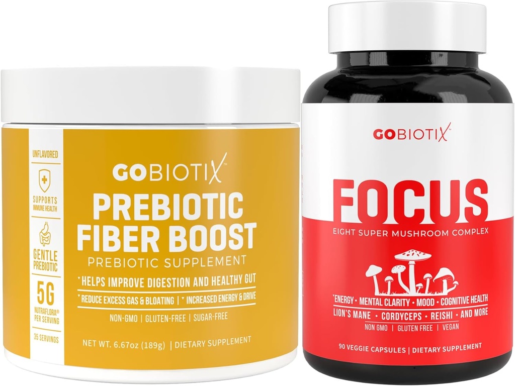 GOBIOTIX Brain & Gut Wellness Bundle: Focus Mushroom Complex 90 Capsule + Fibră Supliment 35 Serviri