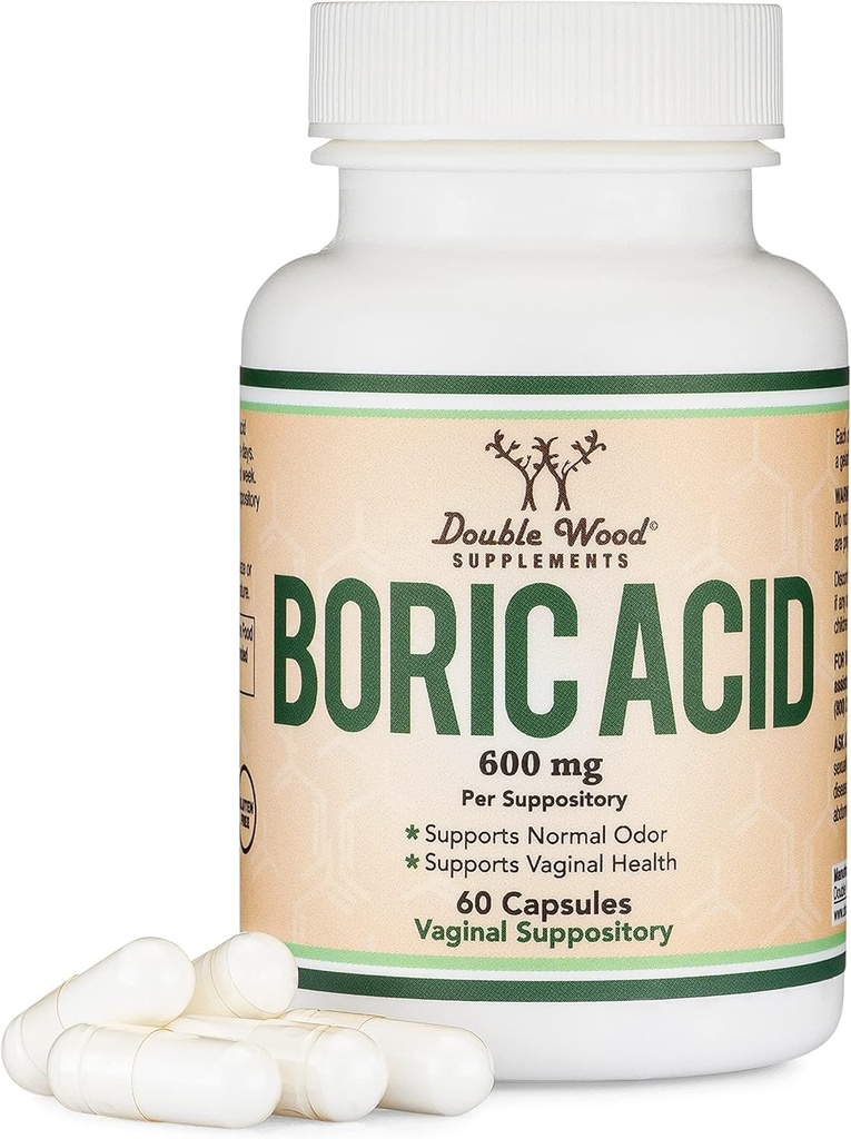 Supozitoare de acid boric (600 mg Supozitor vaginal, 60 Count) Suportă echilibrul pH-ului vaginal, Control Odor (Pudră fină de grad medical USP, Distilare ușoară, Terța parte testat) de lemn dublu