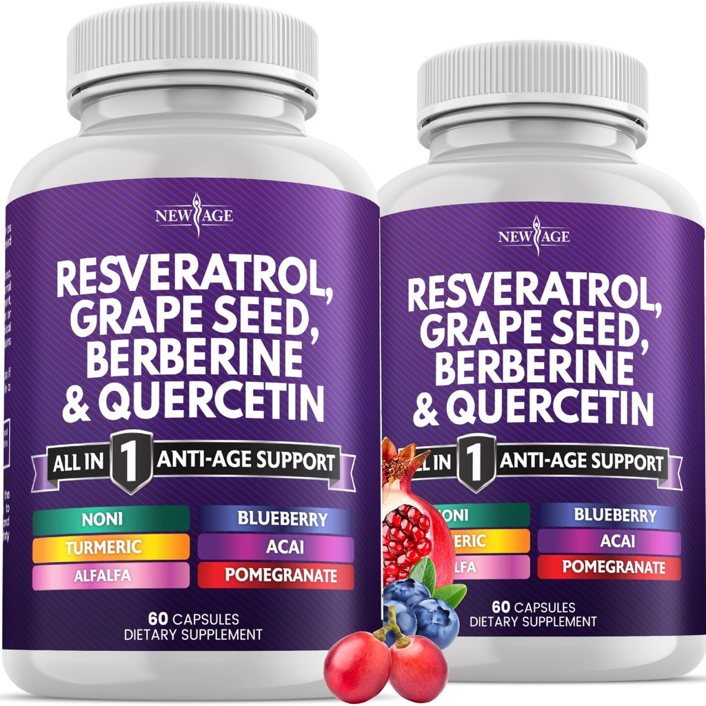 NEW AGE Resveratrol, Berberine, extract de semințe de struguri, Querbetin, supliment polifenol pentru femei și bărbați cu extract Noni, N-Acetyl Cysteine, extract Acai - 120 capsule