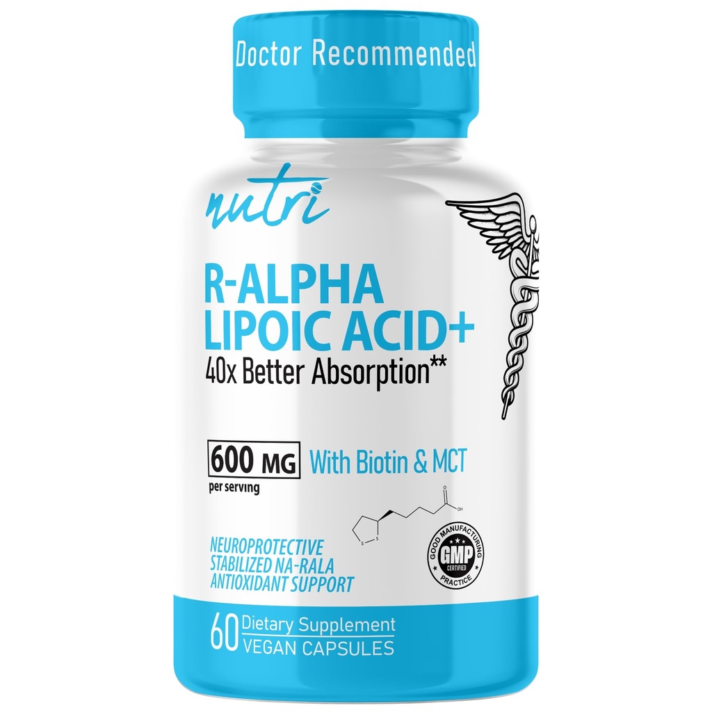 Nutri R Alpha Acid lipoic 600 mg capsule - R Acid lipoic stabilizat cu Biotin - formă activă de R-ALA - 600 mg doză clinică - Suport energetic celular puternic - 60 capsule Vegan - RALA