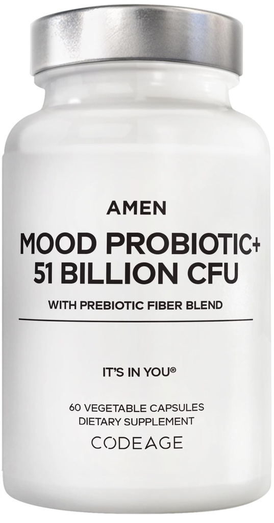 Amen Mood Probiotic Supliment 51 Miliarde CFU - Prebiotice organice și probiotice - Acidophilus pastile probiotice, Fibers - Mood Organic Ashwagandha, Afine - Vegan & Non-GMO - 60 capsule