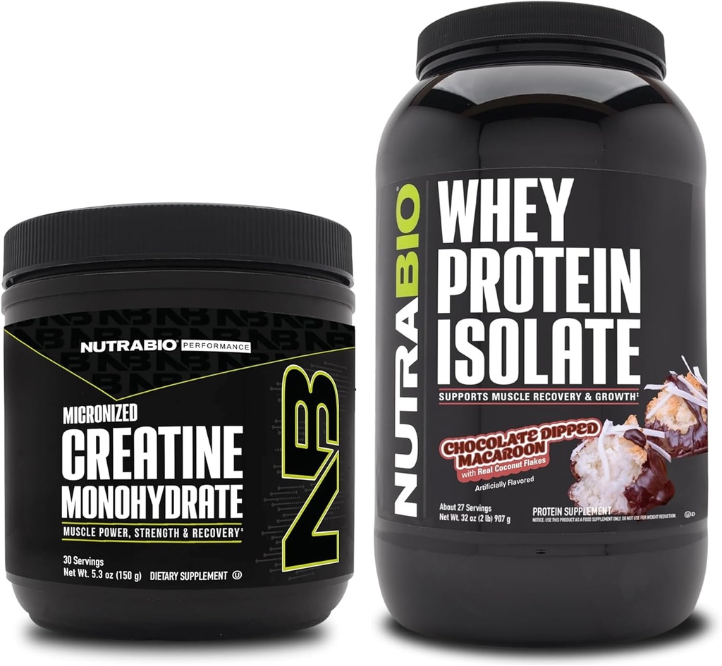 NutraBio Creatin Monohidrat, Nearomated, 150g și Whey Proteine Izolate, Ciocolata Cufundat Macaroon, Supliment Bundle - Energie musculară, Lean musculare de creștere, recuperare, și puterea