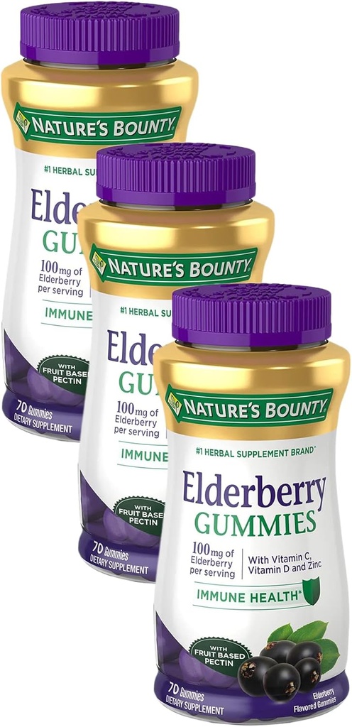 Gume naturale Bounty Elderberry, Supliment alimentar, Sprijină Sănătatea Imună, Conține vitamina A, C, D, E și Zinc, 100 mg, 70 Gumies (Pachet de 3)