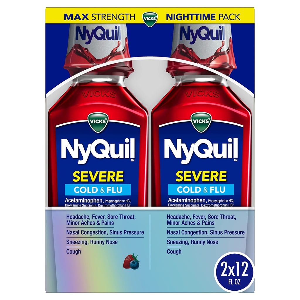 Vicks NyQuil SEVER Rece, Flu, and Congestion Medicine, 2x12 fl oz Twin Pack, Berry Flavor, Maximum Force, Nighttime Relief