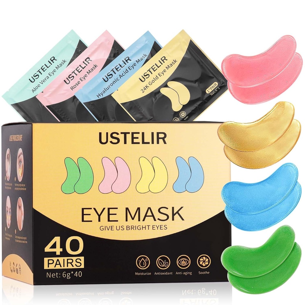 Sub patch-uri ochi, 40 perechi ochi masca pentru cercuri intunecate, ochi pufos, saci subtiri, riduri, masca ochi patch-uri cu 24K aur, acid hialuronic, Rose & Aloe Vera, tratament ochi de îngrijire a pielii pentru bărbați și femei cadou