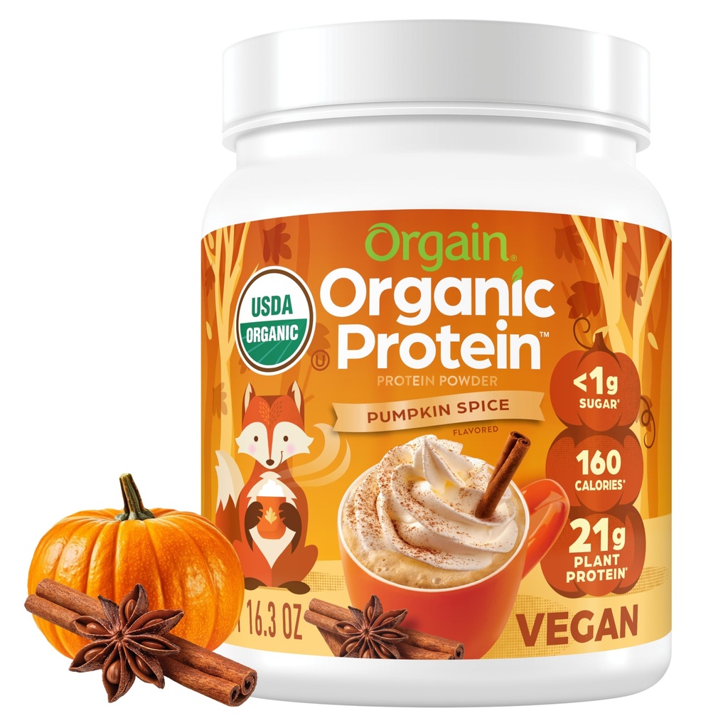 Orgain Organic Vegan Proteine pulbere, Spice dovleac aroma sezonier - 21g de proteine vegetale, 5g Prebiotic Fiber, Nu Ingrediente Lactoză, Nu Adăugat zahăr, Non-GMO, Pentru Shakes & Smoothies, 1.02 lb
