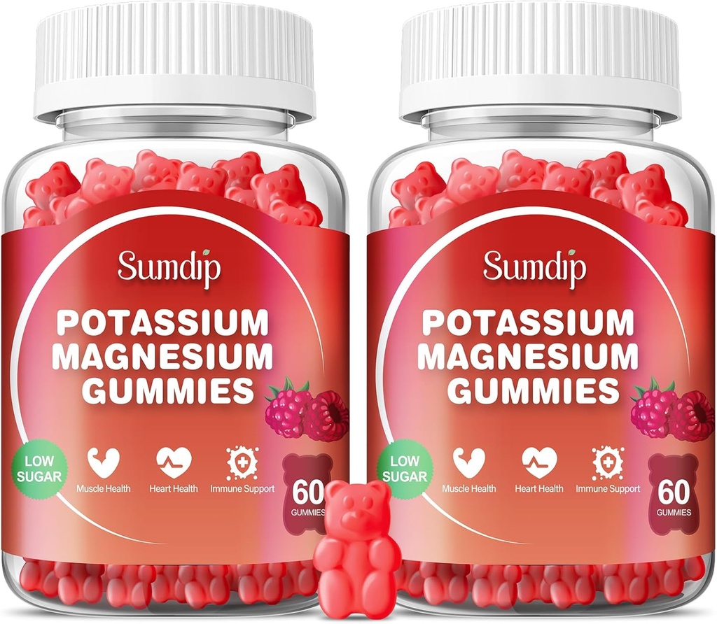 Magneziu Gume de potasiu, Muscle & Heart Health, Creme de picioare și somn, Suplimente de potasiu Vegan Gummy non-GMO Gluten gratuit 60 Gumries-2 pachet, zmeură
